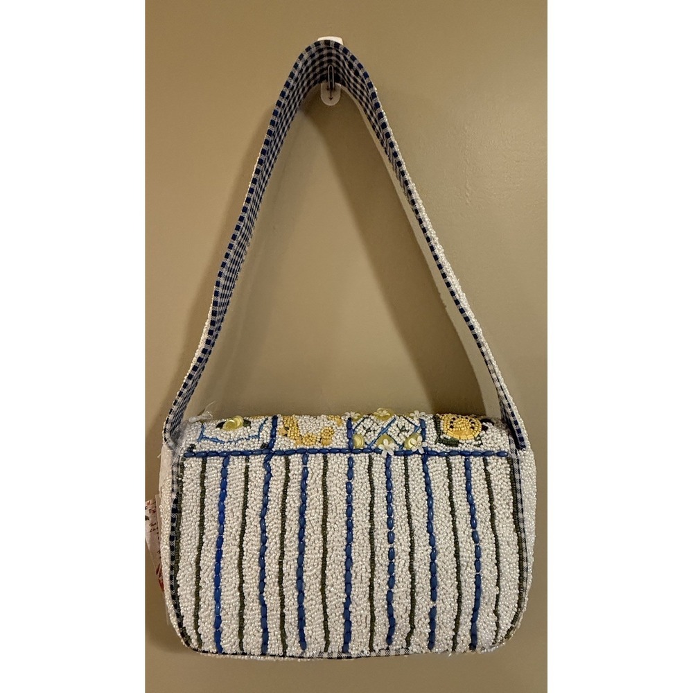 Handcrafted in India Tik Tok Viral Beaded Lemon Tile Bag Gingham Interior NWT - Picture 3 of 3